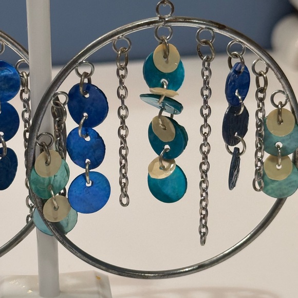 Earrings: Chic Silver Hoop Earrings with Blue and Green Accents - Picture 3 of 3